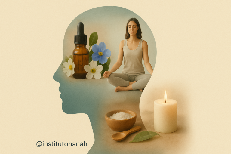 Pessoa meditando ao ar livre em um cenário natural, representando terapias holísticas para saúde mental.