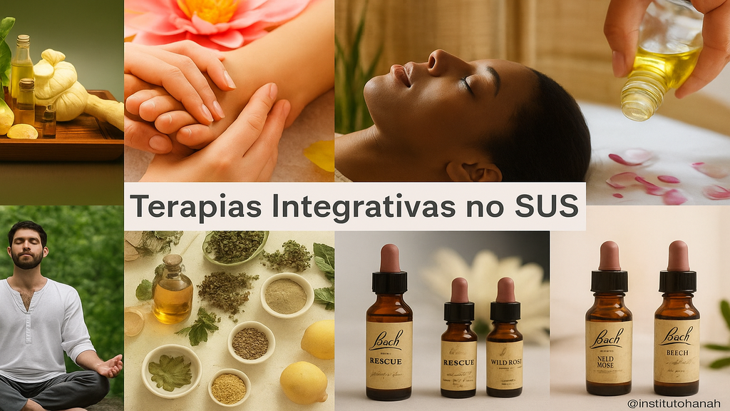 Mosaico com oito fotos de terapias integrativas no SUS: yoga ao ar livre, meditação em grupo, sessão de reiki, auriculoterapia, uso de florais de Bach, acupuntura, Ayurveda e musicoterapia. Texto 'Terapias Integrativas no SUS' ao centro e @institutohanah no rodapé.