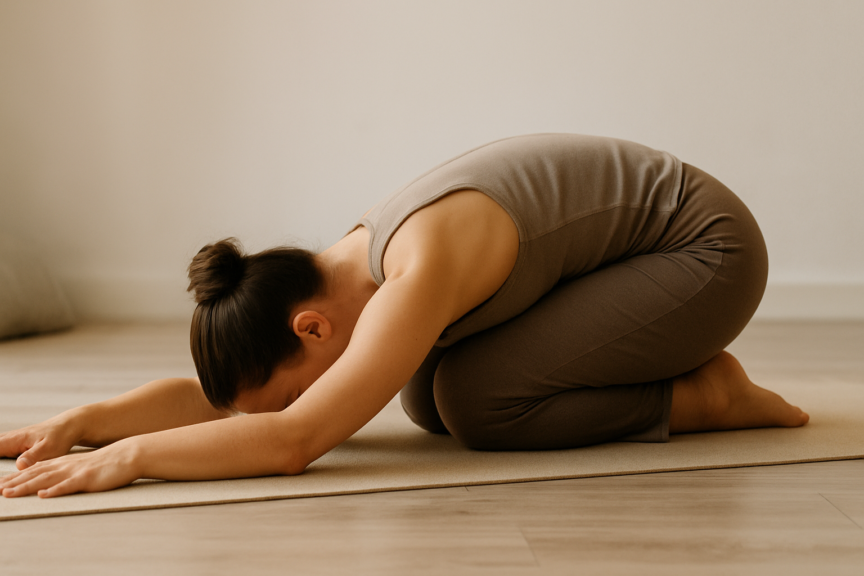 Pessoa em pose tranquila de yoga, representando movimento consciente e flexibilidade para o alívio da dor na fibromialgia.
