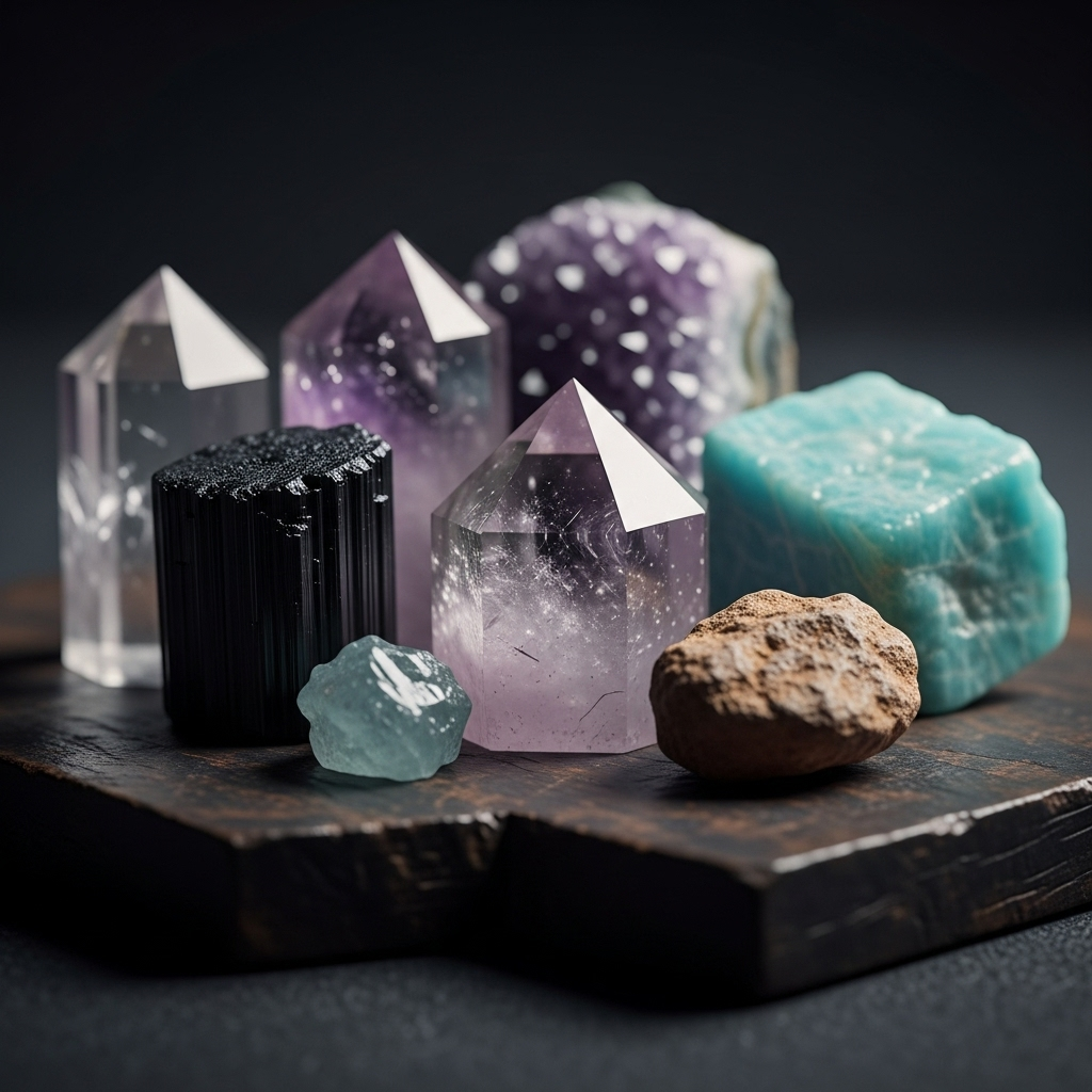 Cristais dispostos em semicírculo sobre uma superfície de madeira clara.