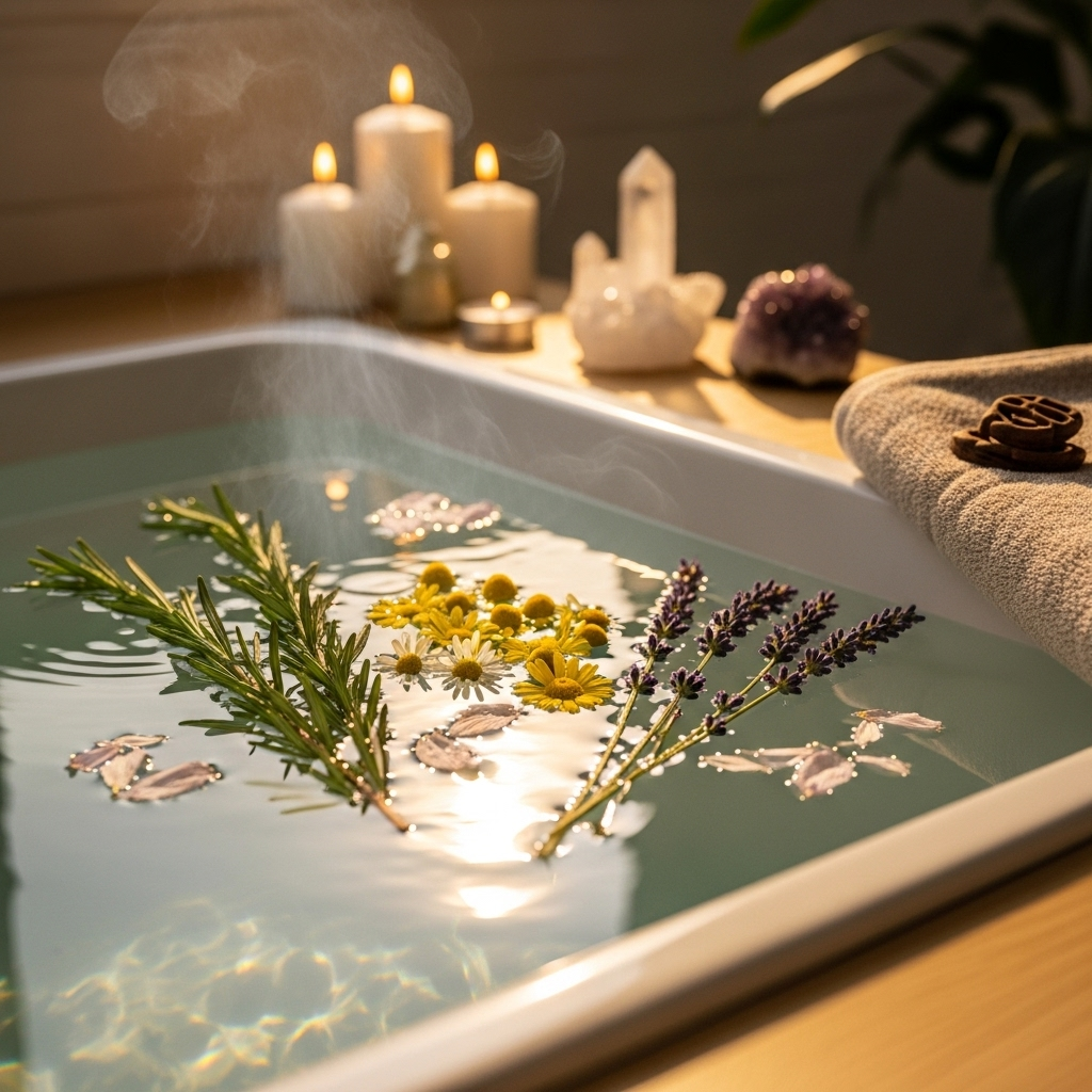 Imagem representando um banho energético com alecrim, camomila e lavanda em uma banheira.