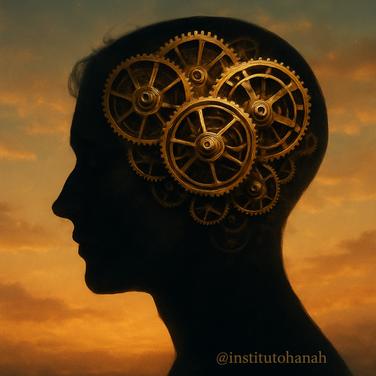 Silhueta de pessoa com engrenagens douradas no lugar do cérebro contra céu dourado, representando como a mente analítica impede a felicidade natural