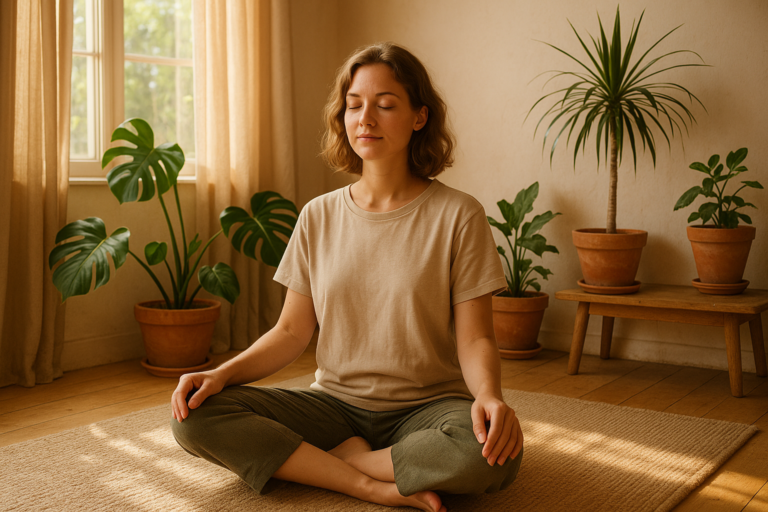 meditação para iniciantes em São Paulo, uma mulher em posição de lotus meditando em um ambiente tranquilo.