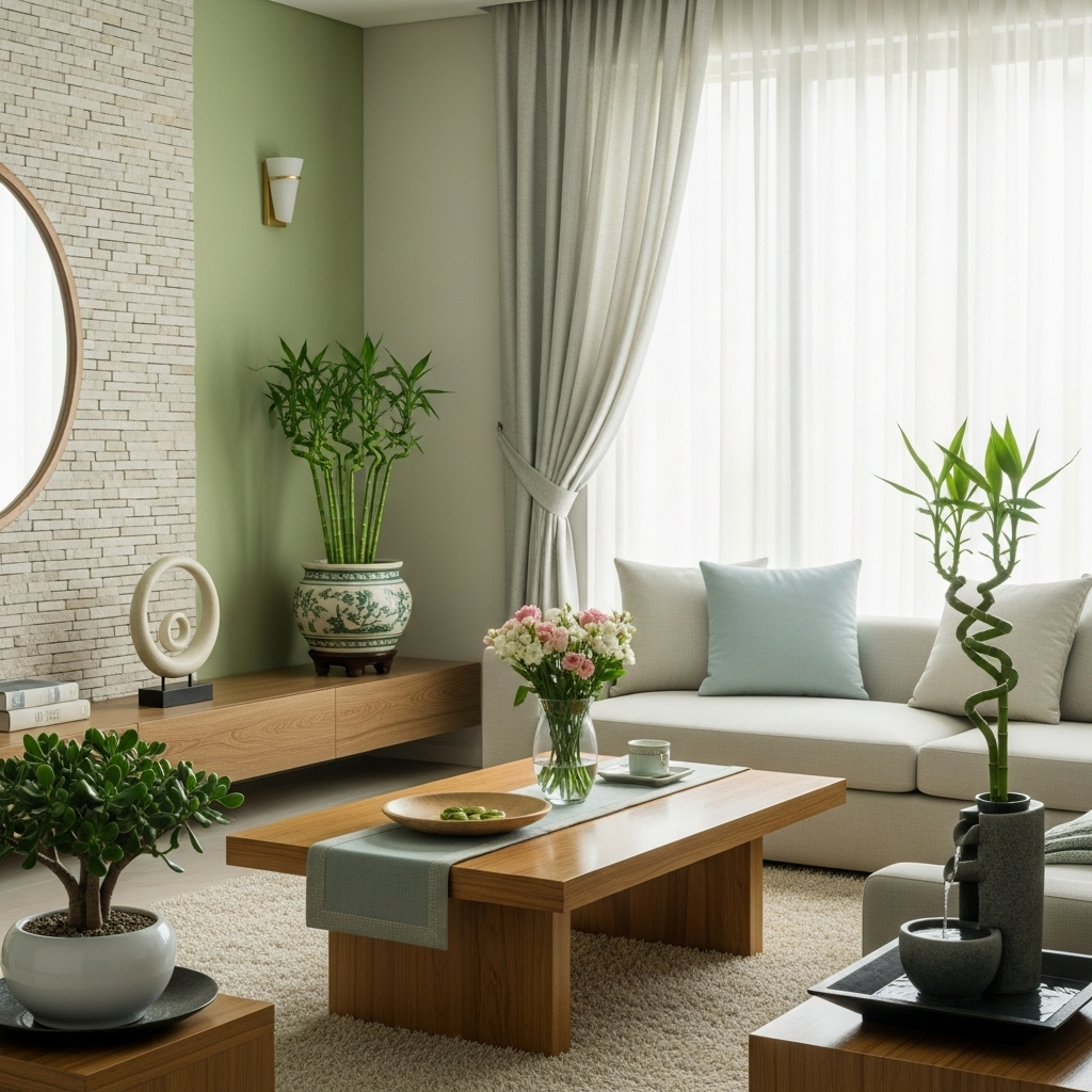 Ambiente de uma sala de estar harmoniosa e equilibrada pelo Feng Shui, com decoração minimalista, cores neutras, plantas e luz natural para promover serenidade e bem-estar.