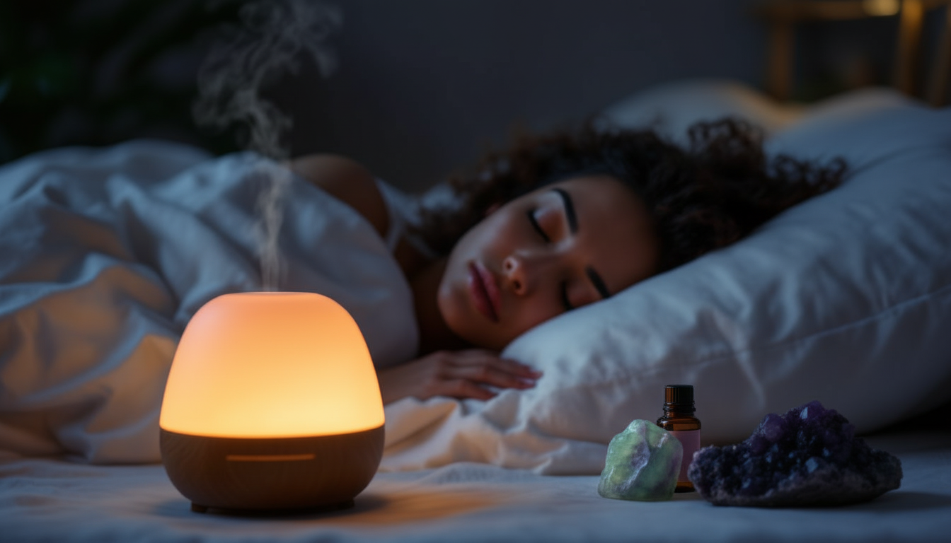 pessoa dormindo profundamente, em um quarto aconchegante, ao fundo desfocado difusor de óleos essenciais(com uma luz bem fraca, laranja quente) e dois cristais fluorita e lepidolita, mostrando um ambiente preparado para dormir melhor.