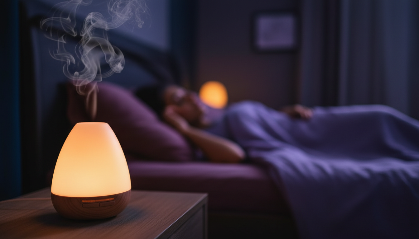 Difusor de óleos essenciais em primeiro plano com luz suave em quarto noturno escuro, mulher deitada relaxada desfocada ao fundo, ambiente aconchegante para higiene do sono