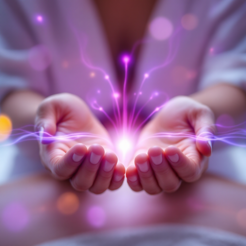 Mãos de terapeuta em imposição de mãos durante sessão de Reiki, com energia roxo e rosa emanando entre as mãos do cliente, representando cura energética e bem-estar holístico