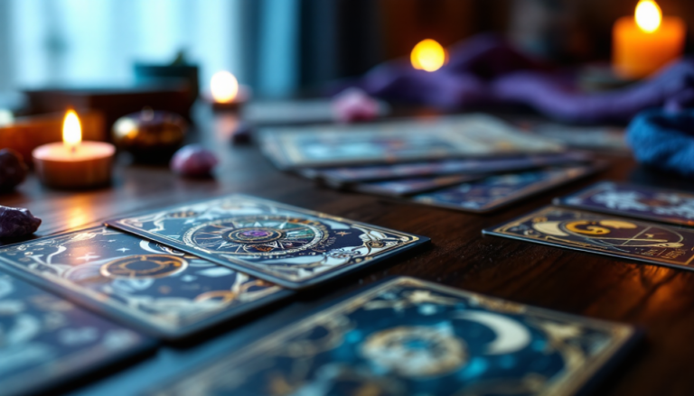 Tarot terapêutico profissional: mesa preparada com cartas vintage, velas e elementos místicos para sessão de leitura