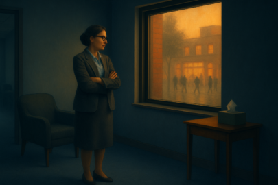 "Terapeuta sozinho olhando pela janela de consultório individual, representando isolamento profissional - um dos desafios psicológicos que todo terapeuta holístico enfrenta"