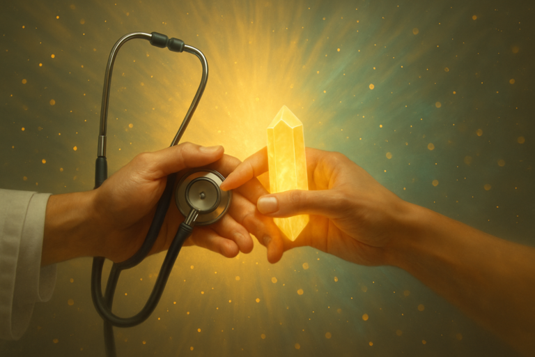 Duas mãos se encontram em igualdade: uma segurando estetoscópio (medicina convencional) e outra segurando cristal luminoso (terapias holísticas), com halo de luz dourada e verde menta simbolizando integração e legitimidade igual de saberes