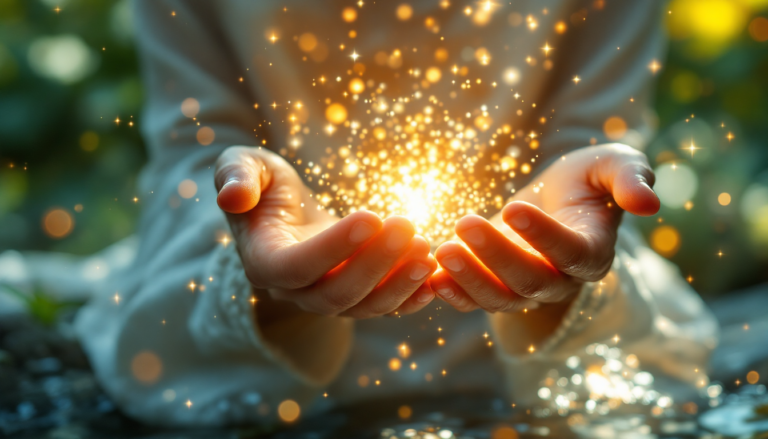 Representação de terapias integrativas: uma pessoa em primeiro plano com mãos abertas em gesto de recepção e cura, em uma floresta exuberante com água e plantas, sobreposta por elementos energéticos como linhas de luz e partículas luminosas em roxo e ciano. Fundo com luz natural dourada e quente, criando profundidade e sensação de energia vital.