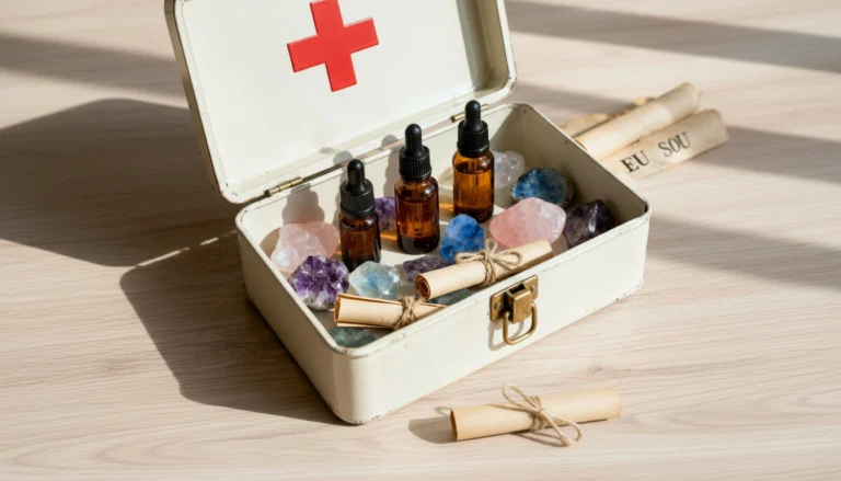 Kit de primeiros socorros emocional: estojo vintage off‑white com cruz vermelha na tampa, cristais, frascos âmbar de óleos e pergaminhos “EU SOU”, “RESPIRO”, “CONFIO” sobre madeira clara.
