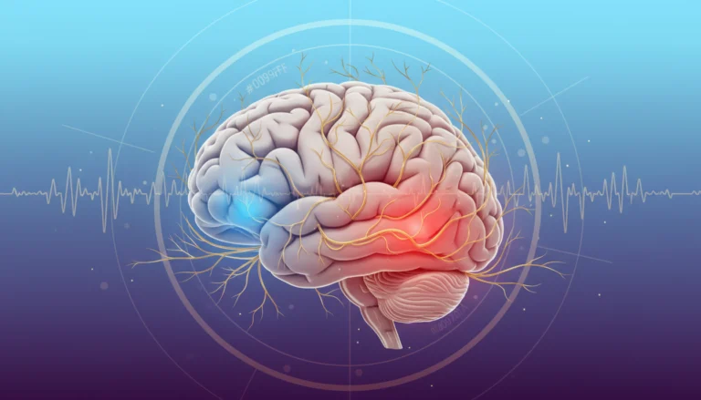 Cérebro em vista lateral com destaque em azul, roxo e ouro mostrando mudanças neurológicas causadas pela meditação - córtex pré-frontal ativo, conexões neurais fortalecidas e símbolos de meditação integrados