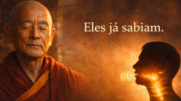 Monge tibetano com expressão serena ao lado de uma silhueta humana emitindo som contínuo pela garganta, representando o humming e a regulação do sistema nervoso por meio da vibração da voz.