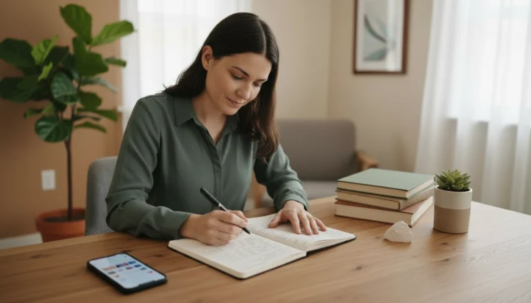 Terapeuta revisando sua comunicação profissional em ambiente de terapia integrativa, representando autenticidade e posicionamento sem performance.