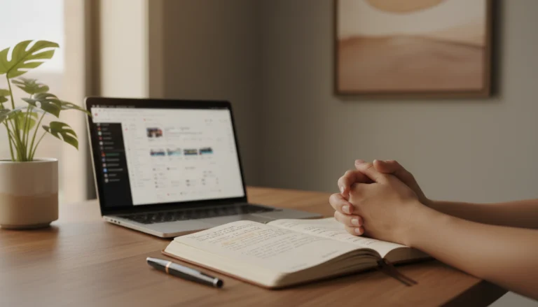 Terapeuta integrativo refletindo sobre métricas de redes sociais em ambiente de trabalho sóbrio, representando alinhamento profissional além do engajamento.