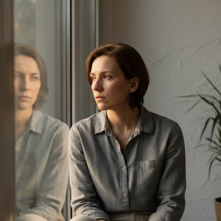 Pessoa em ambiente silencioso, transmitindo presença e lucidez — não abandono.