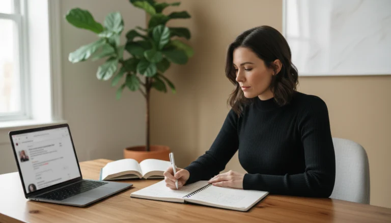Terapeuta integrativo refletindo antes de publicar conteúdo nas redes sociais, representando marketing ético e comunicação verdadeira.