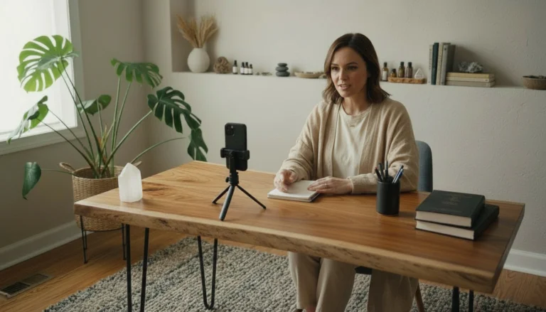 Posicionamento profissional do terapeuta em ambiente de terapia integrativa com comunicação ética e sem performance exagerada.