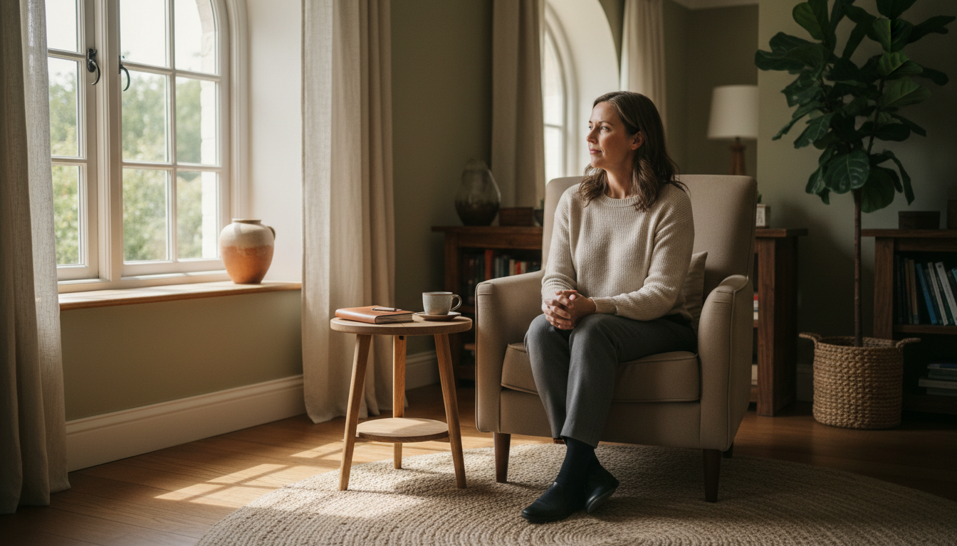 Terapeuta integrativo em ambiente de consultório refletindo com serenidade, representando presença profissional sem necessidade de performance.