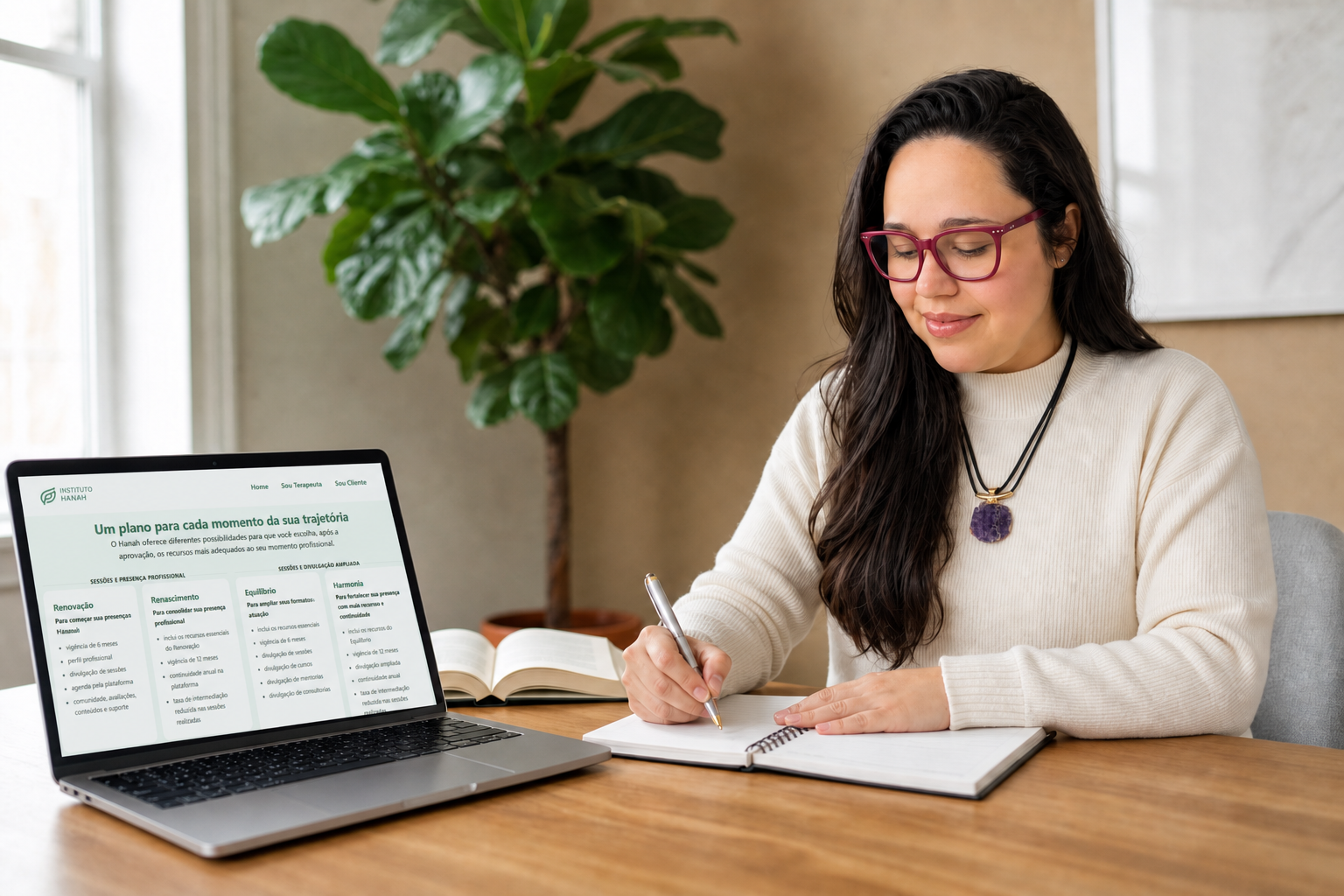 Terapeuta do Instituto Hanah com os planos da plataforma no notebook