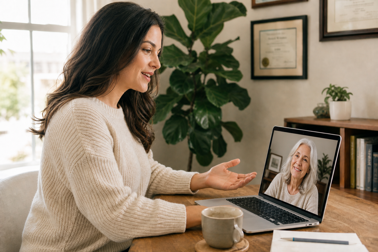 Terapeuta em atendimento online por videochamada com cliente